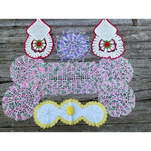 Vintage 9 Crochet Doily Lot Flowers, pink yellow Cottage